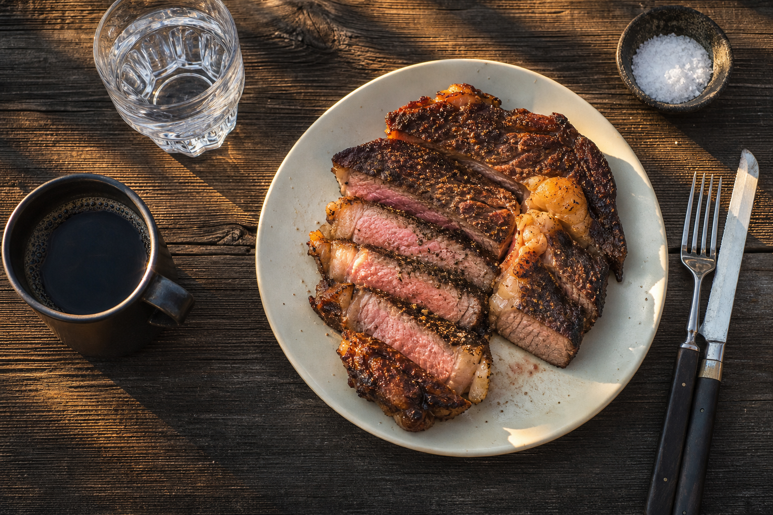 Seared ribeye steak sizzling in melted beef tallow in a cast iron skillet
