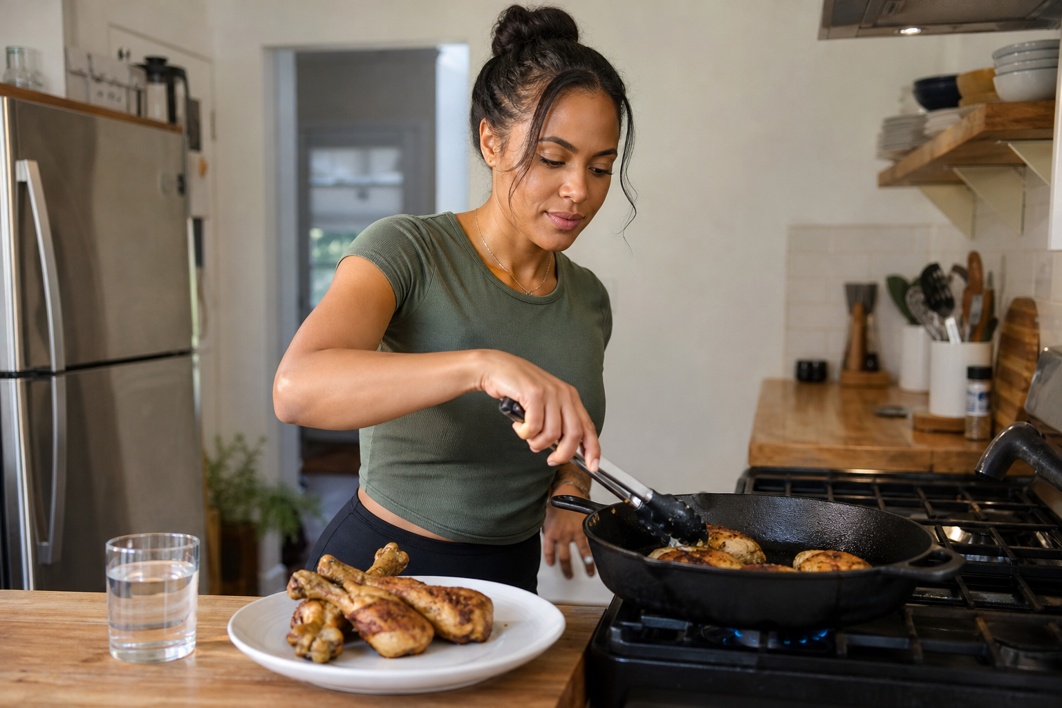 Cold roast chicken drumsticks with crisp golden skin on a plate