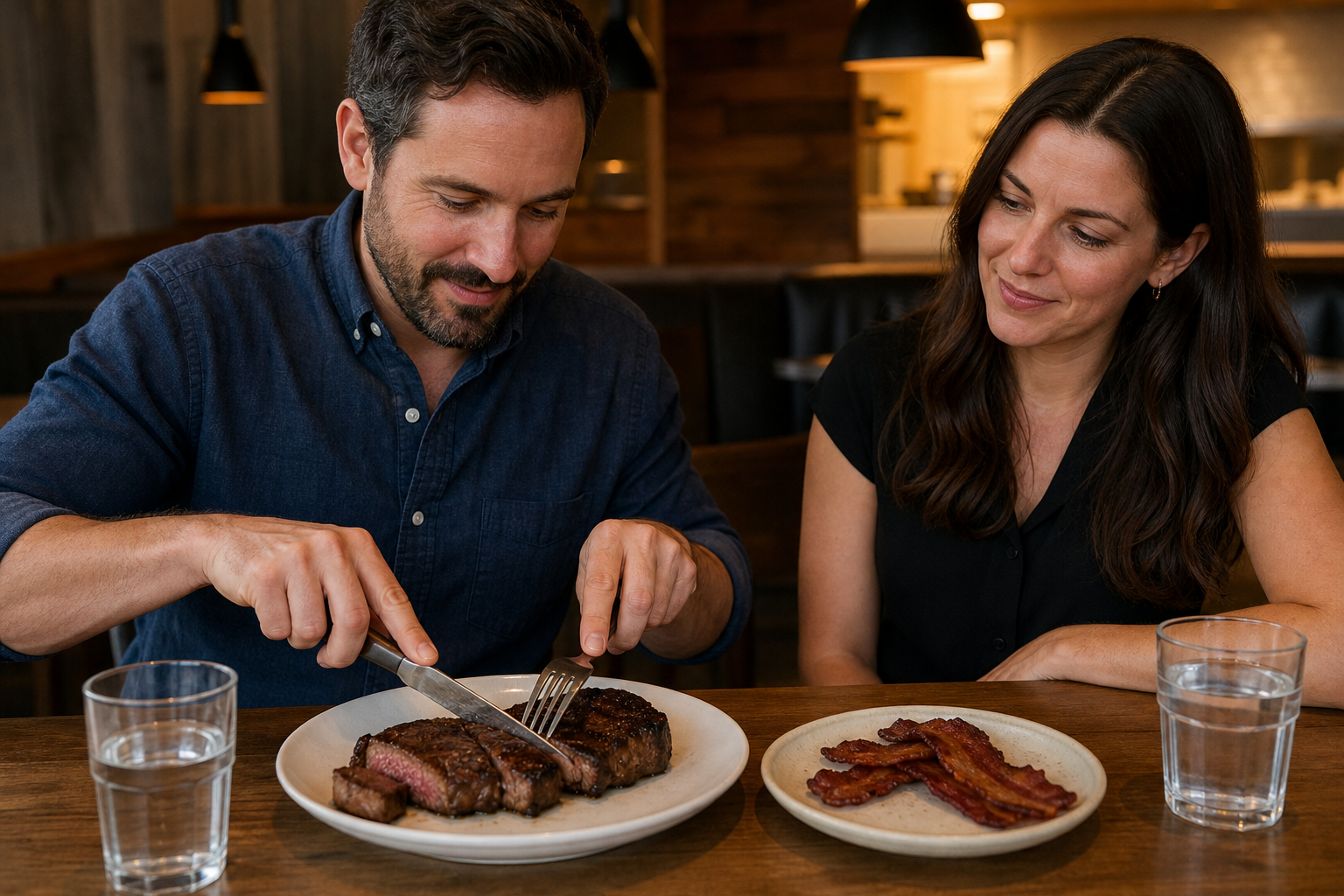 Two diners at a restaurant table, one slicing a seared ribeye steak on a white plate