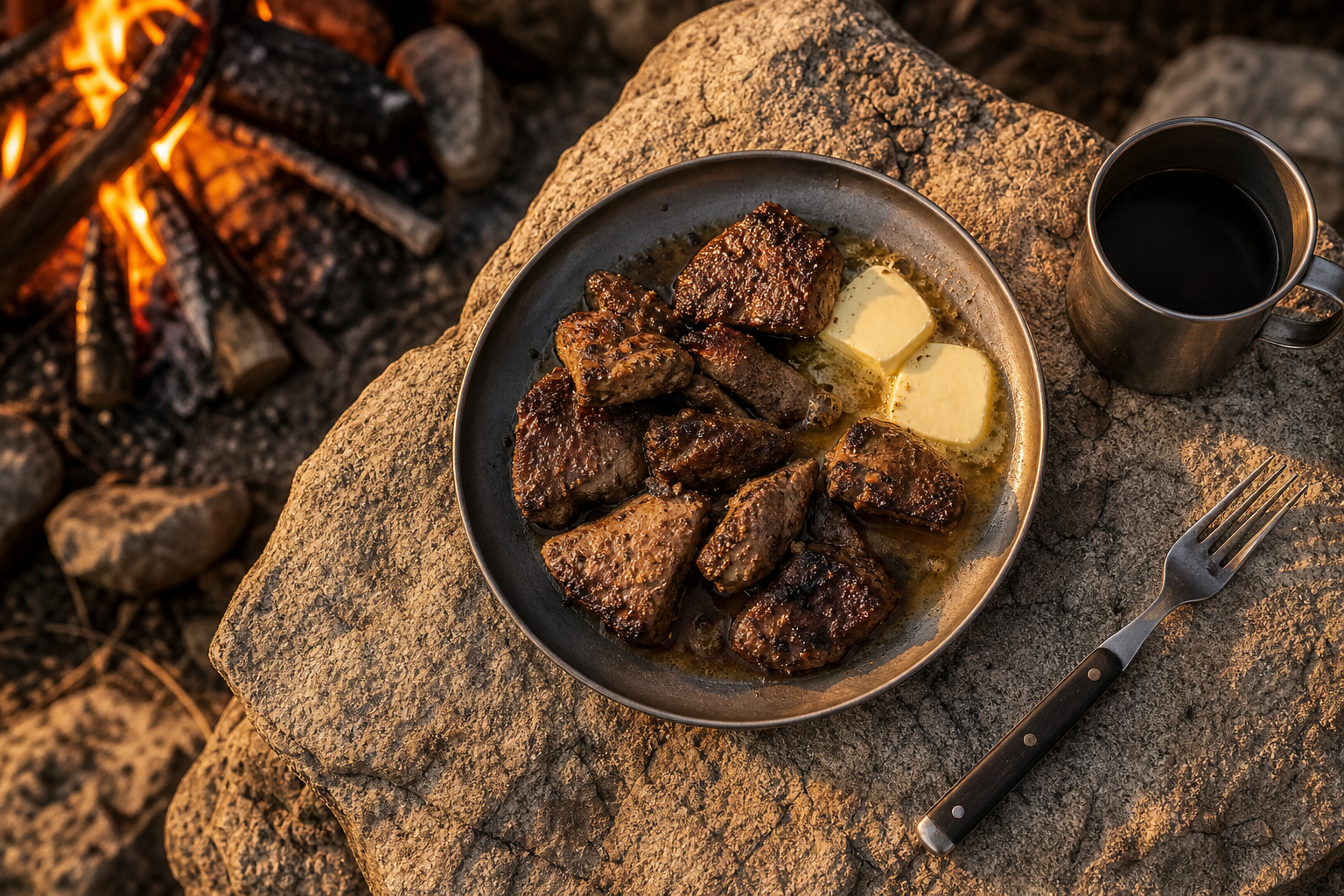 Pan-seared slices of beef liver browning in butter in a cast iron skillet